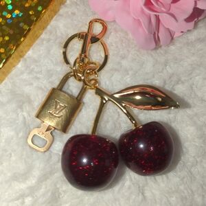 Louis Vuitton Authentic Lock And Key #347 Gold-Tone + No Brand Cherry Key Charm